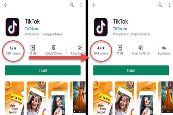 بلمح البصر تم نقل تقييمات TikTok إلى تقييم 4.4 نجمة على متجر Google Play