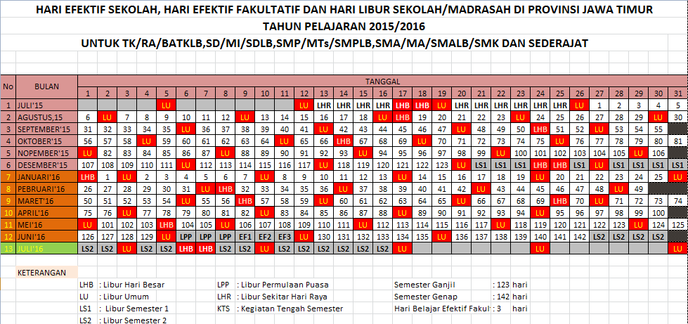 Kalender Pendidikan Tahun Pelajaran 2015-2016 Jawa Timur Excel