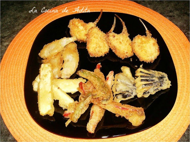 Chuletas de lechal, a la villaroy, con verduras en tempura