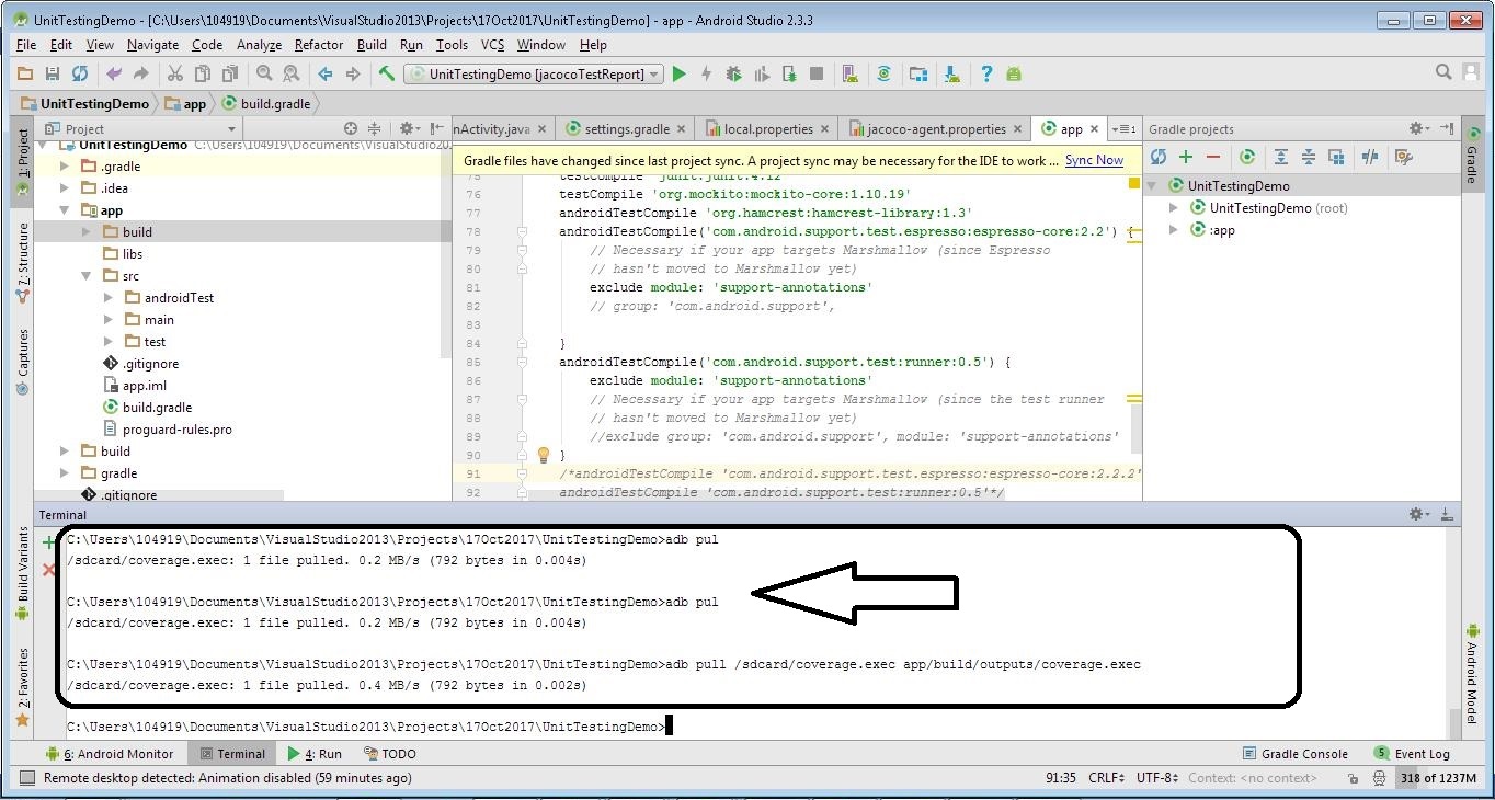 Step 11: Once the above mentioned pull is successful, a coverage file with  data is to be newly created in 'app/build/outputs/cov.exec' project path.