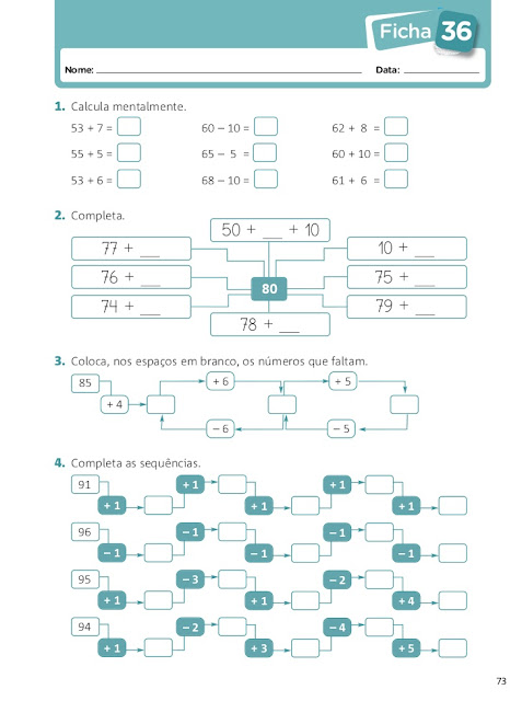 fichas de trabalho 1 ano matematica