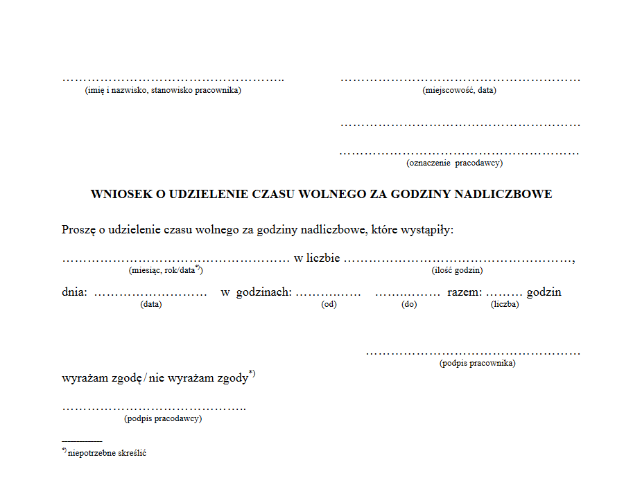 Wniosek O Dodatkowe Godziny Języka Polskiego Dla Obcokrajowców Wzór Wniosek o udzielenie czasu wolnego za pracę w godzinach nadliczbowych