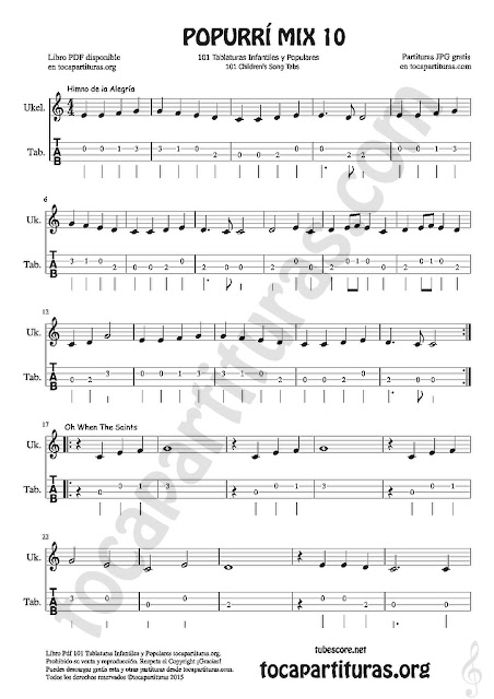 Tablatura y Partitura de Ukele Popurrí Mix 20 Partituras de Antón Pirulero, Voy a Jugar, Debajo de un Botón Infantil Tablature Sheet Music for Ukelele Music Scores Tabs
