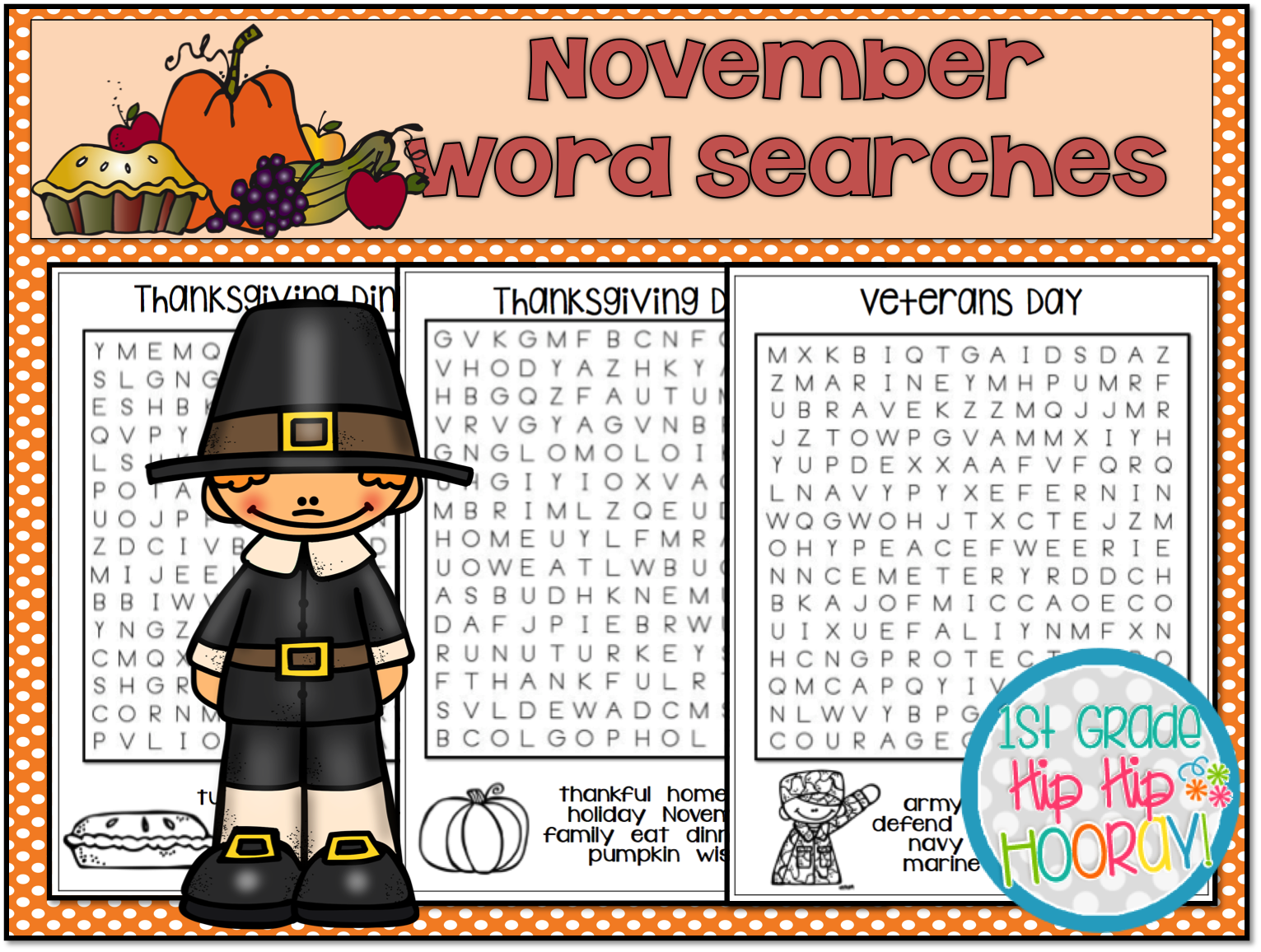 1st Grade Hip Hip Hooray!: November Word Searches...Print and Go!