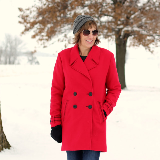 Simplicity 8451 red wool coat with decorative stitches created in the Embroidery Mode with the Pfaff Creative Icon
