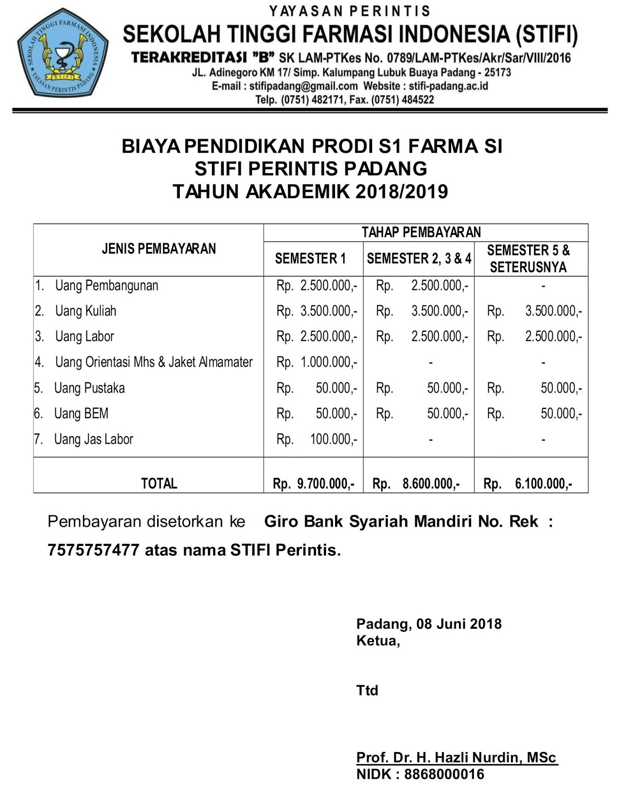 BIAYA PENDIDIKAN PRODI S1 FARMASI STIFI PERINTIS PADANG TAHUN AKADEMIK 2018 2019