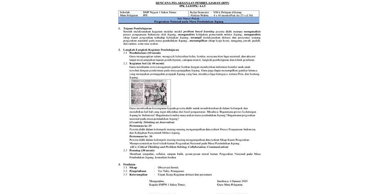 Rpp 1 Lembar Pergerakan Nasional Pada Masa Pendudukan Jepang Ips Kelas 8