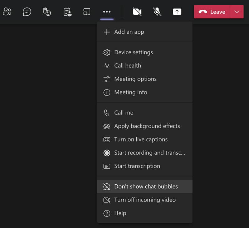 How to turn off chat bubbles in a Microsoft Teams meeting