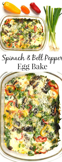 Spinach and Bell Pepper Egg Bake makes the perfect weekend breakfast or can be made ahead of time and reheated during the week. Loaded with bell peppers, green onions, sun dried tomatoes and spinach. www.nutritionistreviews.com #eggs #eggbake #breakfast #healthy #cleaneating #mealprep #protein #vegetables