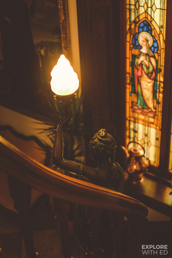 Antique lights and stained glass window