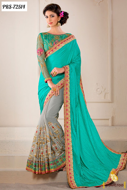 New Fashion Grey and Turquoise Color Heavy Worked Party Wear Saree for Women Online Shopping with Discount Offer Sale Rate