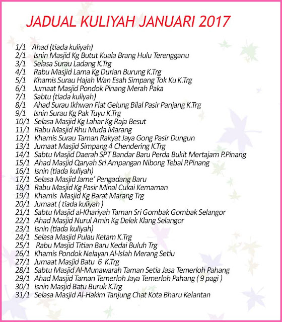 Jadual Kuliah Ustaz Azhar Idrus (UAI) Januari 2017