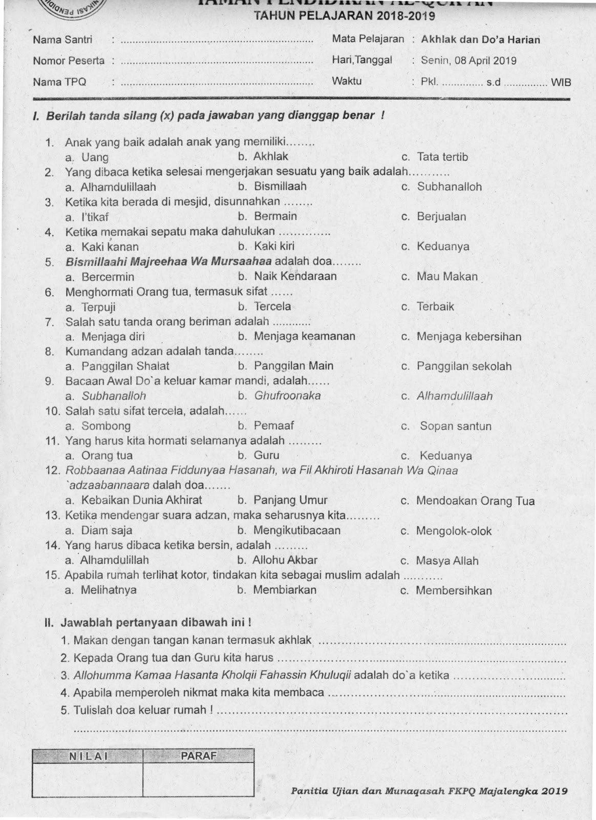 Kumpulan Soal Ujian Dan Munaqosah TPQ (Taman Pendidikan Al