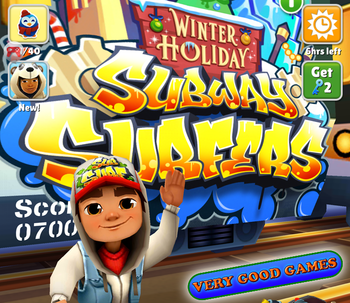 A banner with the start screen of Subway Surfers - a free running game for Android and iOS tablets and smartphones