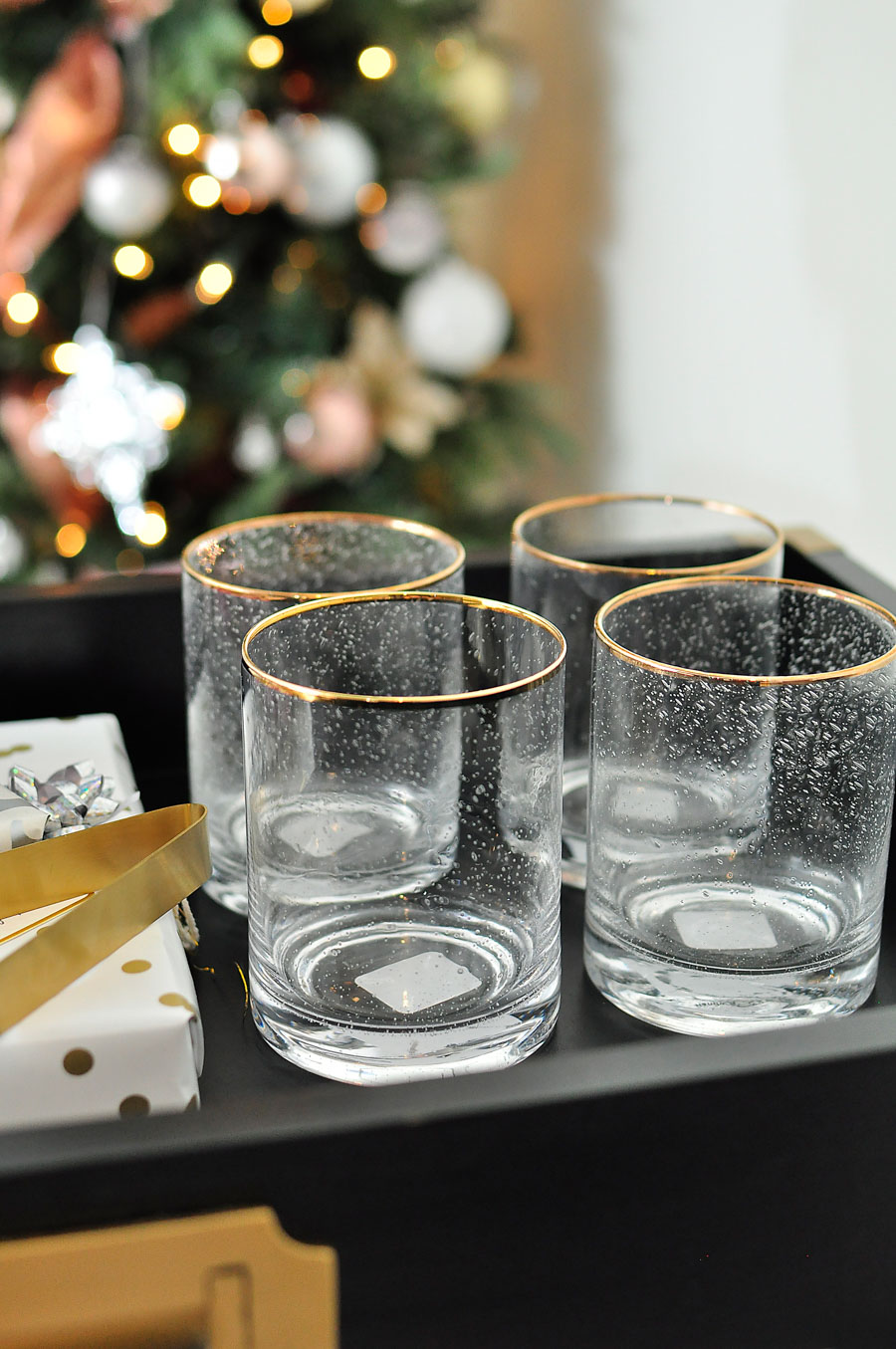 Beautiful gold bubble glasses are perfect for holiday entertaining and gift giving. Cocktail time!