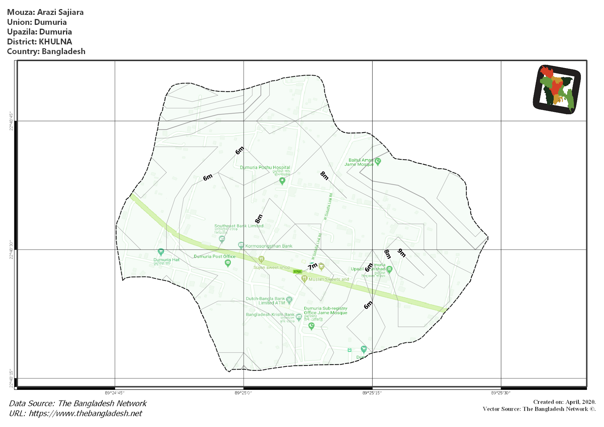 Map of Arazi Sajiara Mouza of Dumuria Upazila, KHULNA, Bangladesh.