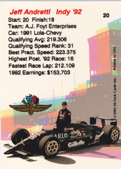 1992 ANDRETTI RACING Trading Card Set  Andretti Promo Bonus 