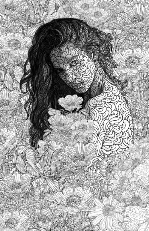 Pedro Tapa ilustrações mulheres cenários detalhados padrões intrincados flores vegetação