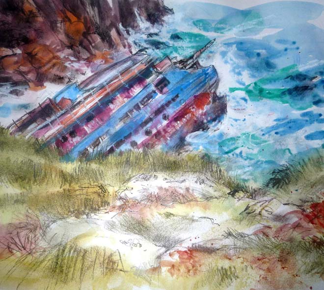 Mixed Media - Derwent Inktense Blocks with their Tinted Charcoal and a  white Sennelier oil pastel: Cliffs and wrecked ship