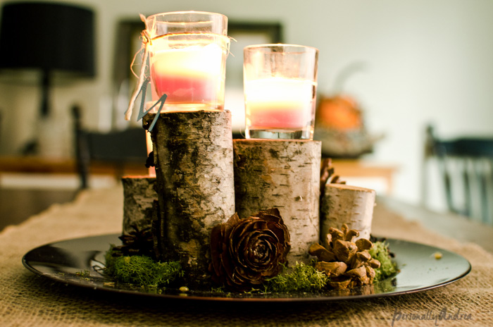 Birch Centrepiece | birch, pinecone, moss, candle | personallyandrea.com