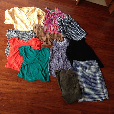 A collection of wardrobe pieces that I altered after losing weight including tops, shorts, skirts and pants.