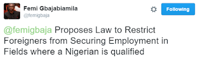 1a1a Law to restrict foreigners from getting jobs in fields where a Nigerian is qualified scales second reading