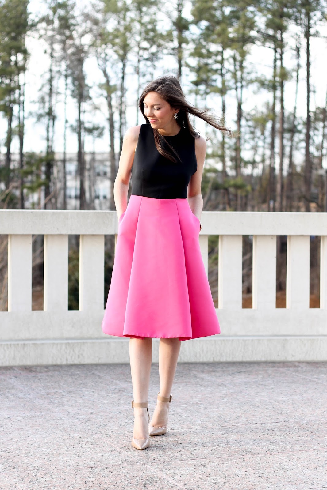 Kate Spade Bow back colorblock dress, Rent the Runway Valentine's dress, Rent the Runway wedding dress idea, NC Fashion Blogger, Stella Dot earrings, fossil tan leather watch with rose gold face, pretty in the pines blog