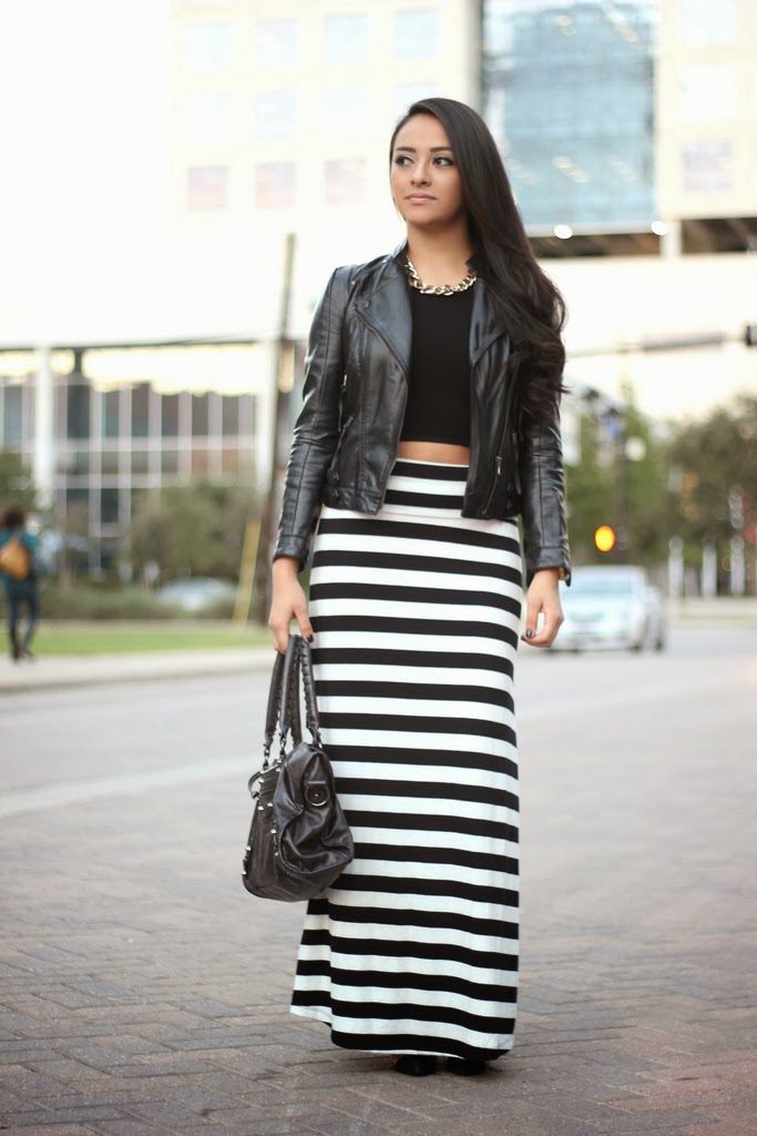 Leather Jacket & Striped Maxi Skirt