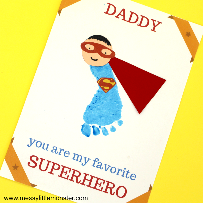 Superhero dad footprint card. A handmade first fathers day card from a baby or toddler