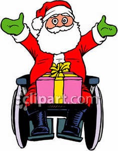 Color illustration of a cheerful Santa Claus, sitting in a wheelchair