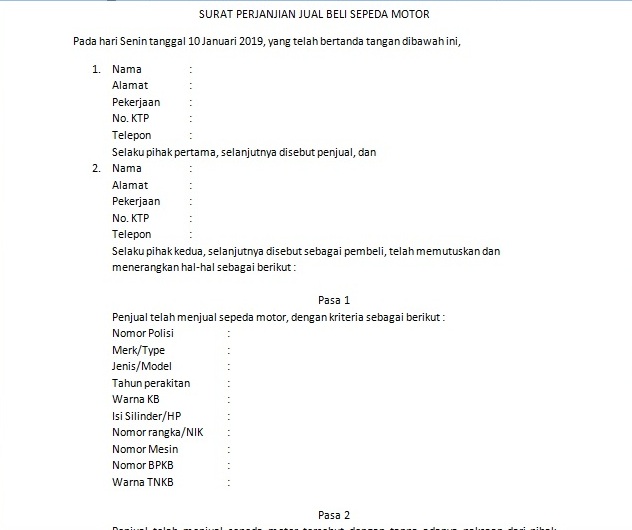 Susindra Project Contoh Surat Perjanjian Jual Beli Sepeda Motor