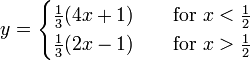 y = \begin{cases}
\frac{1}{3}( 4x + 1) & \quad \text{for } x< \frac{1}{2}\\
\frac{1}{3}( 2x - 1) & \quad \text{for } x> \frac{1}{2}
\end{cases}