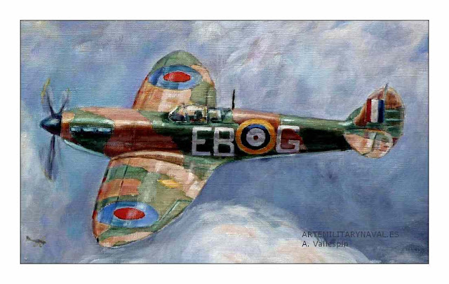 Pintura al oleo de un avion spitfire  Segunda Guerra Mundial