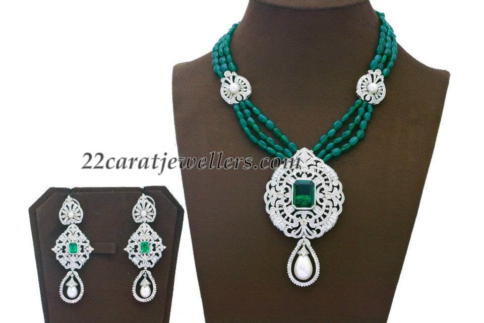 Emerald Beads with Diamond Pendant Jewellery Designs