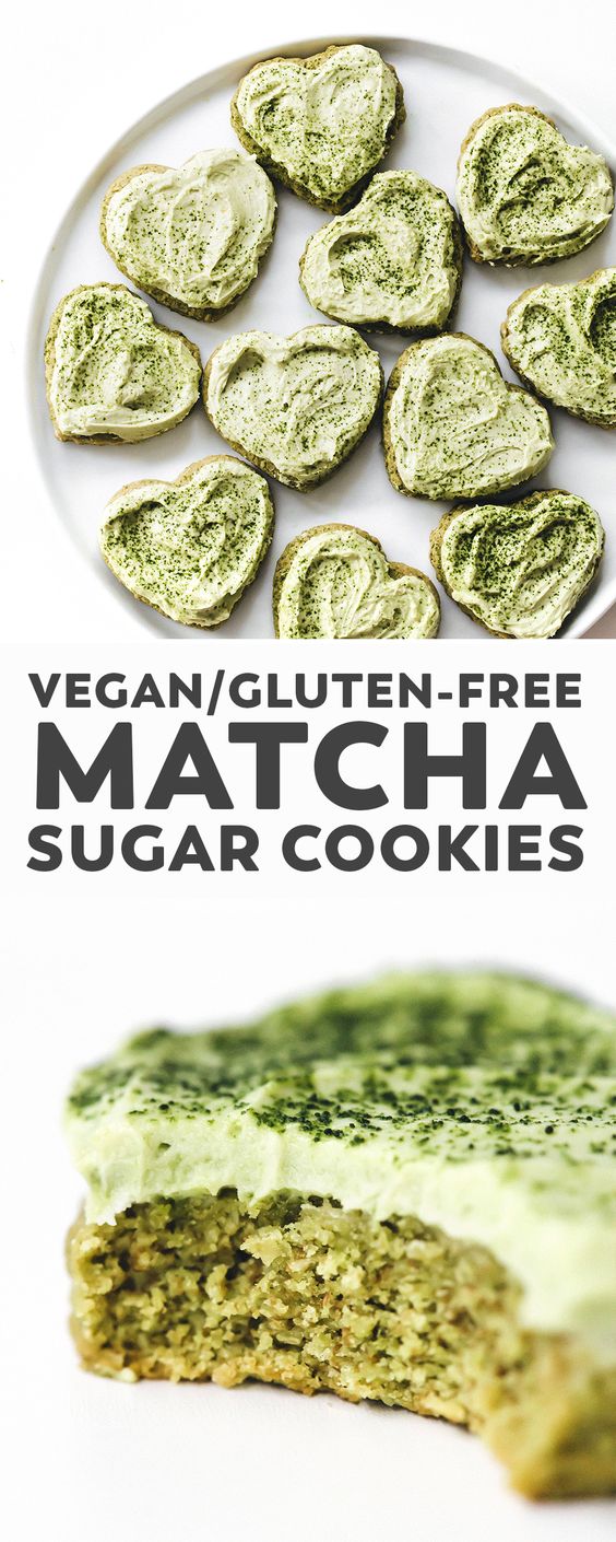 Matcha Sugar Cookies! Your favorite green tea latte transformed into a soft sweet cookie, with more fluffy matcha frosted on top. Vegan and gluten-free! #vegan #glutenfree #matcha #healthy #easyrecipe #baking #cookies #valentinesday