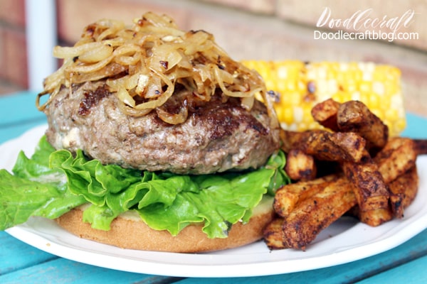 I didn't use any extra sauce on the burger, it's full of flavor and juicy.  Top the burger with those yummy caramelized onions.   Serve with grilled corn and air fried fries.