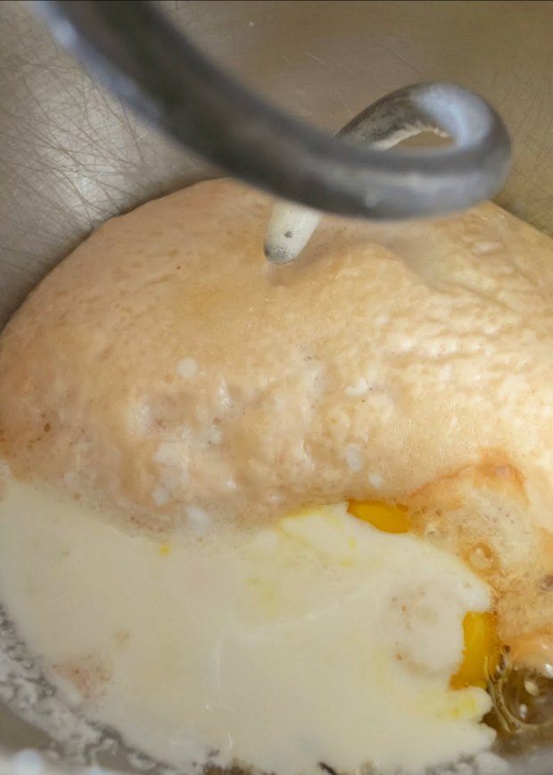 Orange Cinnamon Rolls dough mixture of milk, eggs, yeast, and sugar from Serena Bakes Simply From Scratch.