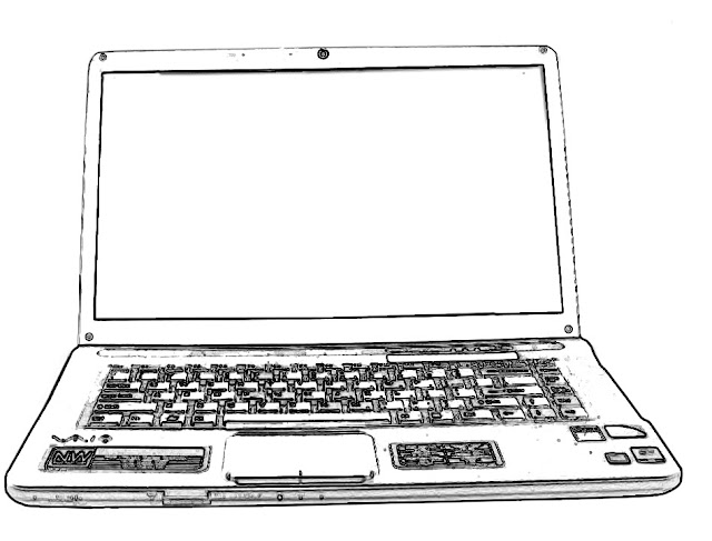 black and white laptop sketch against a white background