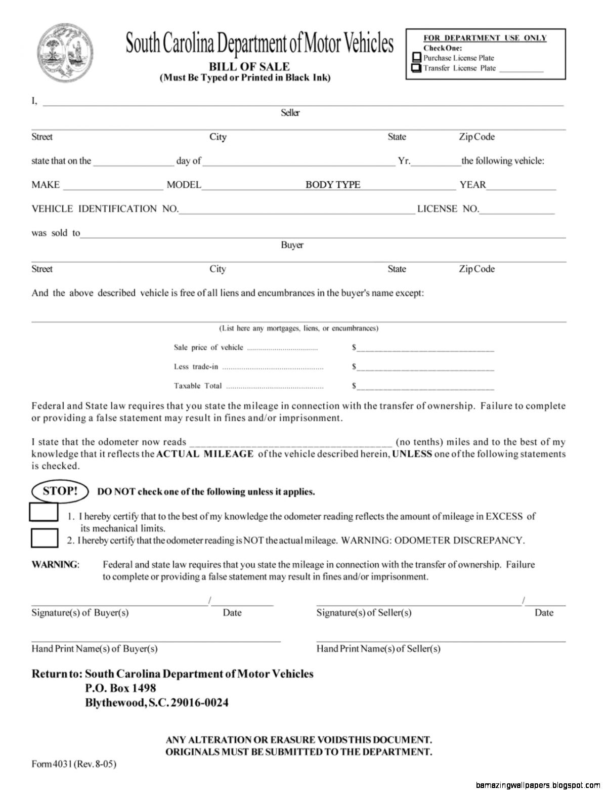 South Carolina Vehicle Bill of Sale Form
