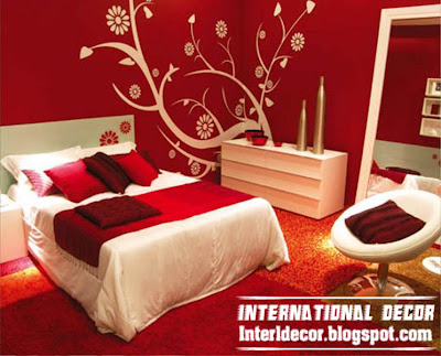 romantic red bedroom design, red bedroom design with wall drawings