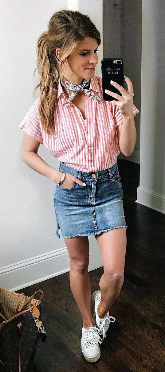 trendy casual style outfit shirt + denim skirt