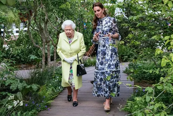 Kate Middleton, The Duchess of Cambridge, wore Erdem Shebah floral cotton-silk gown. Queen Elizabeth