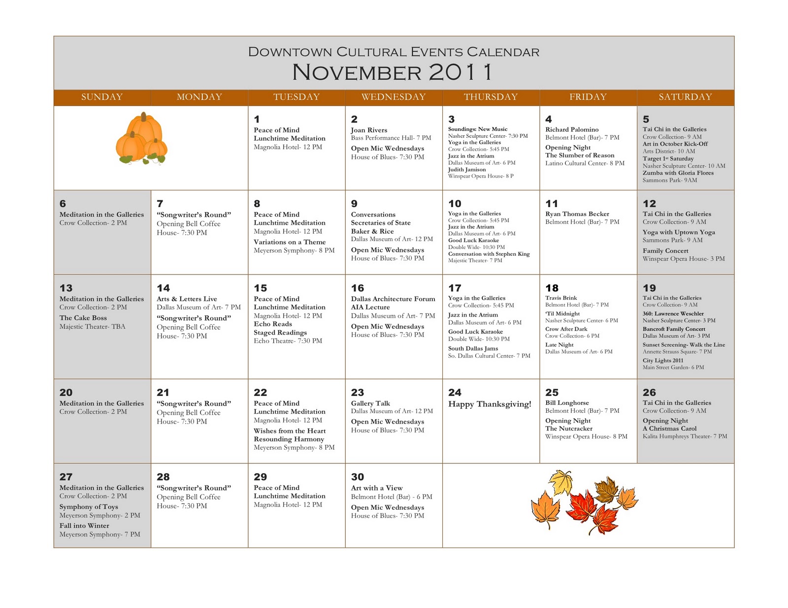 artSAGE Downtown Dallas Cultural Events Calendar November 2011