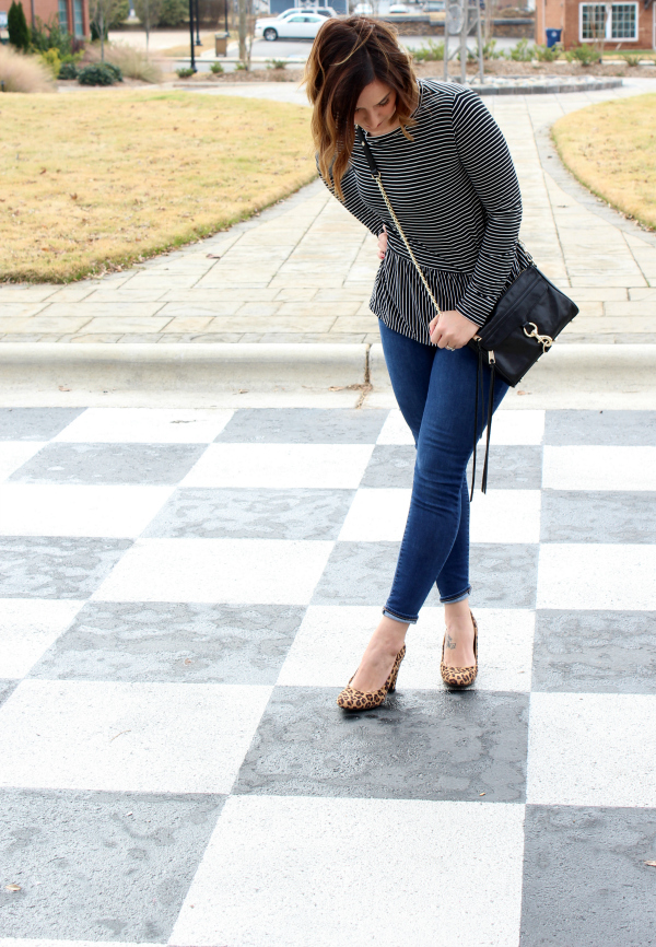 style on a budget, striped peplum top, old navy top, camel pea coat