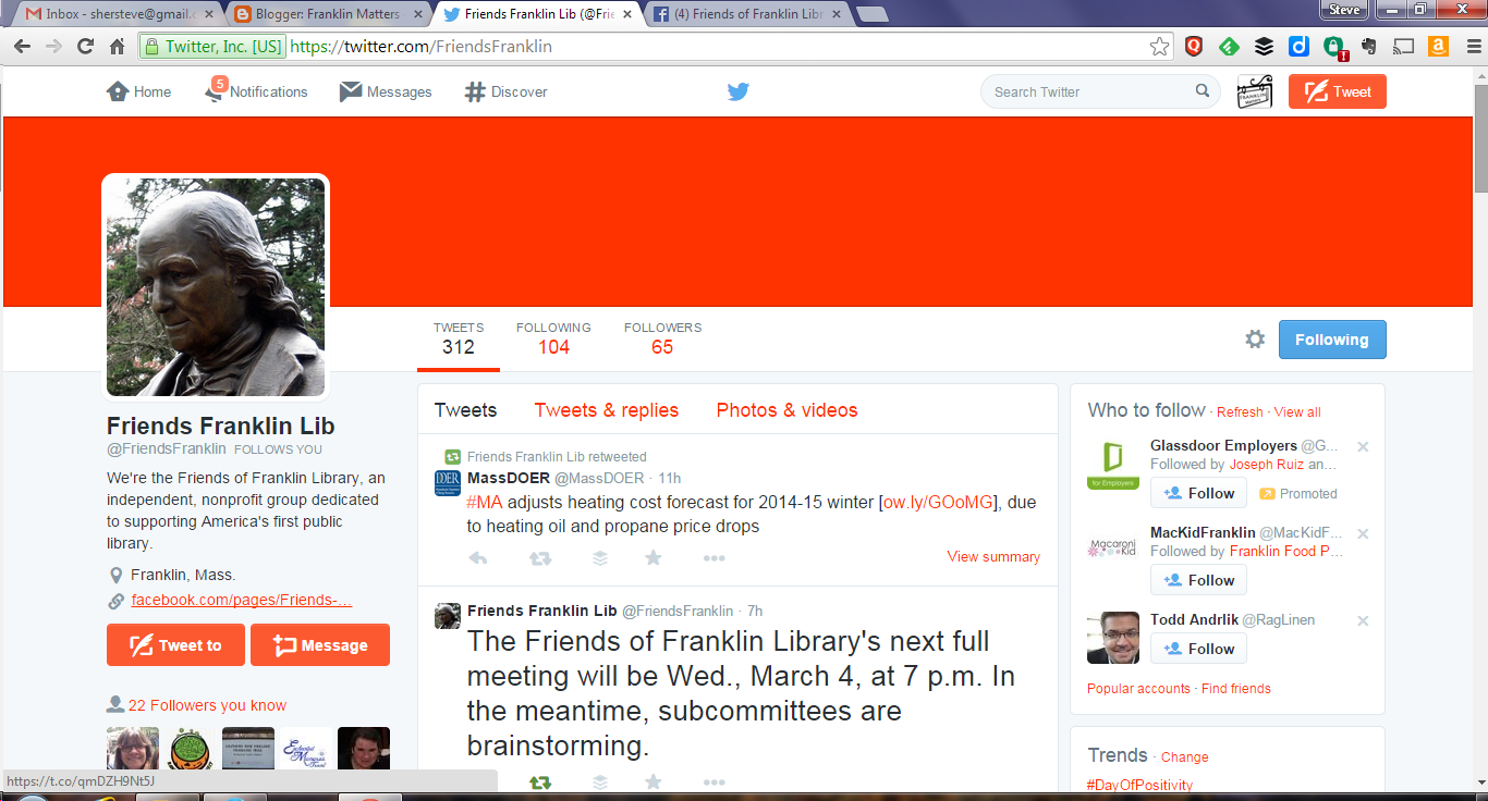screen grab of the Friends of Franklin Library twitter profile