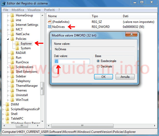 Registro di sistema Windows modifica Dati valore NoDrives