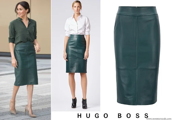 Meghan Markle wore Hugo Boss Lambskin-leather pencil skirt with panelled structure