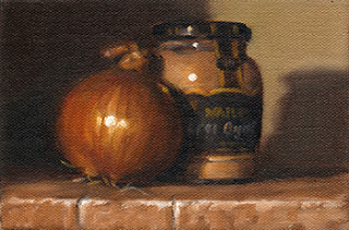 Oil painting of a brown onion beside a Maille Dijon mustard jar.