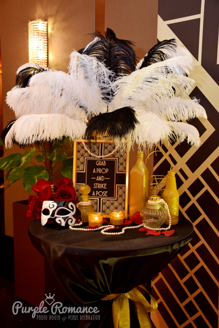 event decoration, photo booth, instant print service, gatsby, black and white, gold, backdrop vendor, setup, top glove, hao xiang che, restaurant, ballroom, elegant, cny dinner, product launching, peacock feathers, mask, masquerade, 2018 events