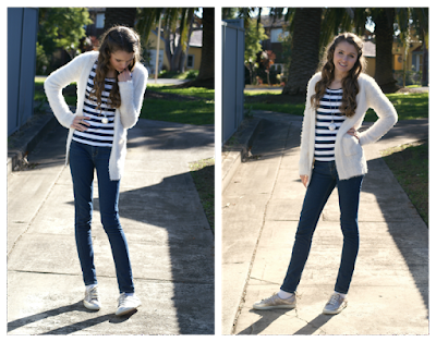 Winter Casual Outfit by Southern In-Law  Fluffy Knit Cardigan, Striped T-Shirt, Jeans, Sneakers and Statement Jewellery